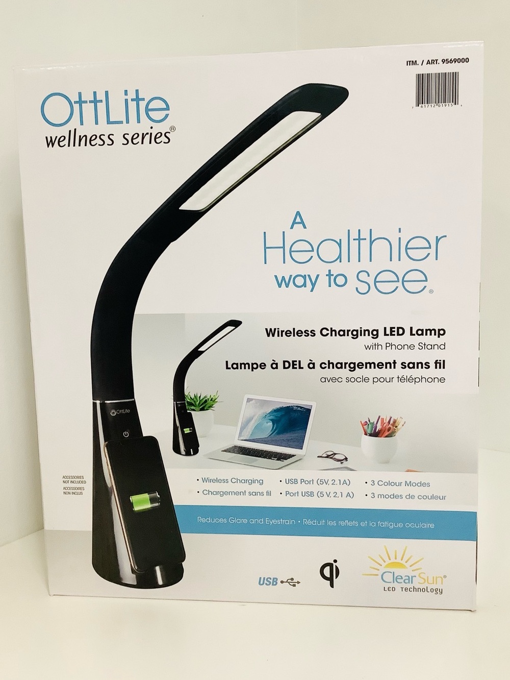 NEW OttLite Wellness Series LED Lamp with Wireless Charging Phone Stand Black